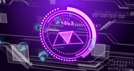 Poster - Digital data processing animation over futuristic interface with purple geometric shapes