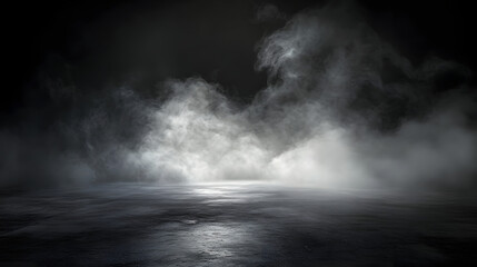 Wall Mural - Concrete floor with smoke or fog in dark room with spotlight. Asphalt night street background.