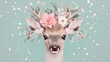 © Coralstar - A charming deer with antlers and a floral crown stands against a snowy background. Christmas and New Year festive concept.