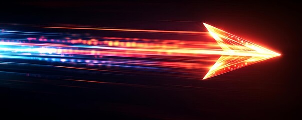 An arrow made of vibrant light rays, glowing brightly as it points rightward with a sense of speed and motion on a deep black backdrop, clear light, realistic photo lifelike 8K