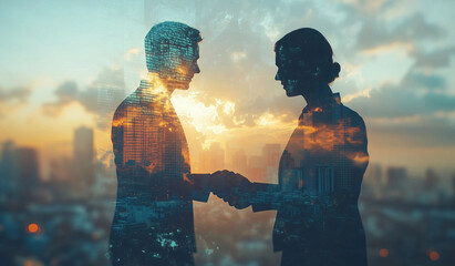 Double Exposure Illustration of Two Business People Shaking Hands with Cityscape and International Bank Building in the Background, Symbolizing Successful Business Partnership and Global Financial Col