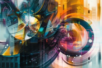 Wall Mural - a vibrant digital artwork featuring a blend of technological elements and organic shapes in an abstr