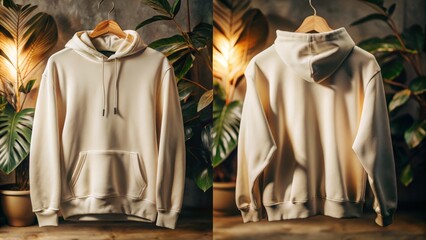 Stylish Beige Hoodie Mockup on Hanger with Greenery Background - Perfect for Fashion and Apparel Design Presentations