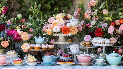 Colorful flowers pastries oversized teacups whimsical garden tea party Alice-in-Wonderland inspired quirky pastel colors