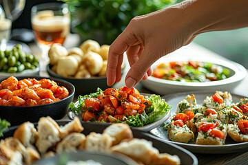 Hand Reaching for Fresh Appetizers on a Festive Table