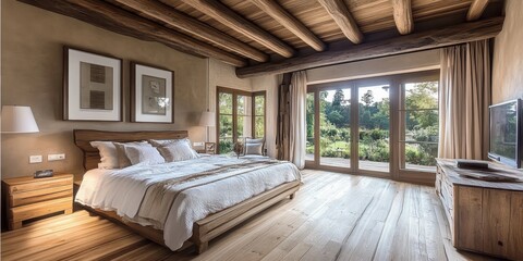 A spacious rustic bedroom with exposed wooden beams on the ceiling, large windows overlooking a lush garden, hardwood floors, a cozy bed with linen sheets, minimalist decor, earthy tones of beige and 