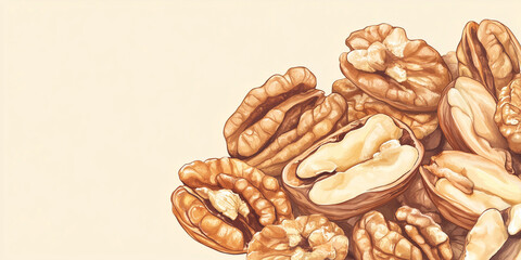 Wall Mural - Cluster of walnut halves spread across a flat, plain background