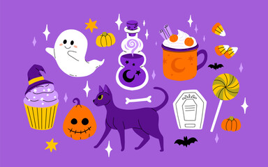 Wall Mural - Cute kids Halloween set. Happy pumpkin, zombie hand, cute ghost, skull cupcake candy and witch potion. October holiday stickers, design elements bundle. Isolated flat vector illustrations