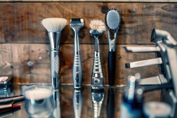 Close-up on a set of shaving tools at a barber shop Close-up on a set of shaving tools at a barber shop - grooming kit concepts