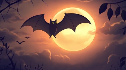 A lone bat silhouette flies through the night sky, its wings spread wide as it soars towards a full moon. The moon illuminates the clouds, casting long shadows on the landscape below. The image evokes