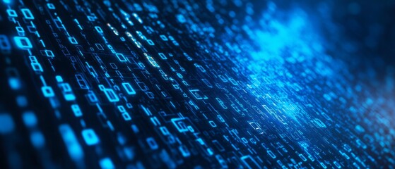 Blue digital binary data on computer screen background