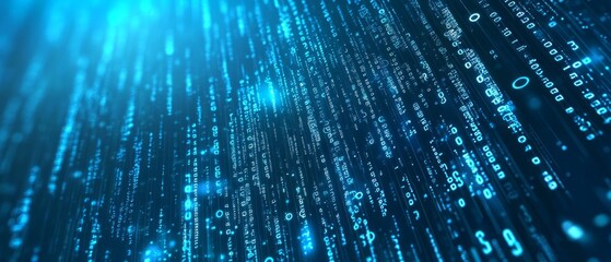 Blue digital binary data on computer screen background