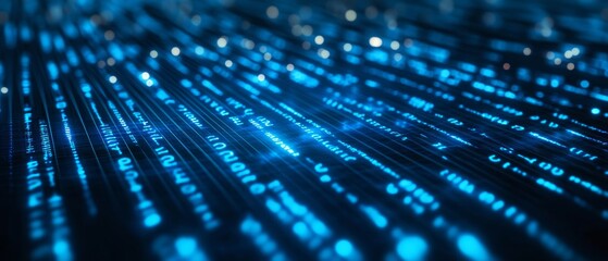 Blue digital binary data on computer screen background