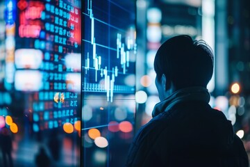 Canvas Print - A man standing in front of a window, attentively looking at a stock chart displayed on a screen, The anticipation and anxiety of investors watching stock prices fluctuate