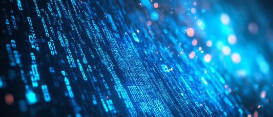 Blue digital binary data on computer screen background