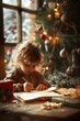 © spyrakot - Child Writing Letter to Santa on Festive Table Display with Christmas Decorations and Gifts