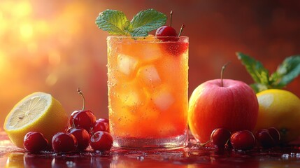 Poster - Create a background for juices using smooth gradients from bright orange to pink that mimic the setting sun. On the background, place translucent elements of mint, lemon, apples and cherries