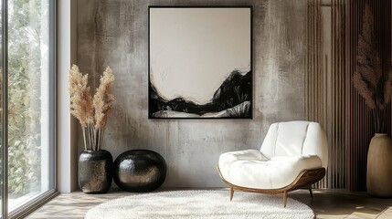 abstract landscape painting in black and white on canvas, mid-century modern armchair in white upholstery, minimalist living room interior with concrete walls, potted dried plants, modern black