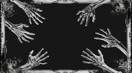 Wall Mural - A monochromatic illustration featuring six skeletal hands reaching out from the edges of a black background. The hands are drawn in a detailed and realistic style, creating a haunting and eerie atmosp