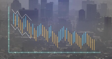 Poster - Financial data graph animation over cityscape with skyscrapers