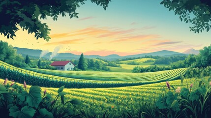 Colorful digital illustration of an organic farm with abundant green crops and eco-conscious techniques