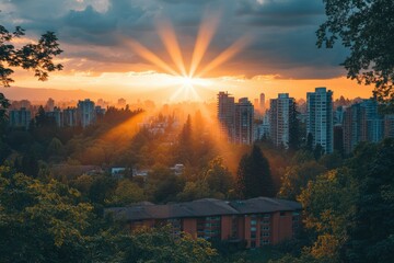 Sticker - Golden Sunset Over Cityscape With Sun Rays Through Clouds