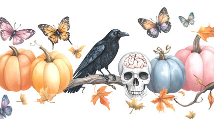 Pumpkins of different colors black crow butterflies and a human skull Hand drawn watercolor mystical seamless border Suitable for decoration cards autumn posters Thanksgiving Halloween