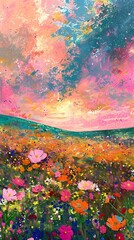 Wall Mural - flower field and pink clouds illustration poster background