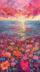 Wall Mural - flower field and pink clouds illustration poster background