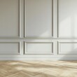© Natalia - Elegant empty room, sunlit interior, wooden floor, classic wall molding, minimalist style, bright space, shadow play, refined elegance concept.
