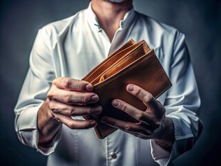 financial struggles patient holds empty wallet with dental bill in dark background, high contrast, w