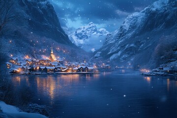 Wall Mural - Snowy Mountain Village at Night with Falling Snow