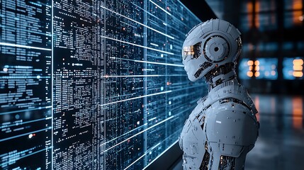 A futuristic robot carefully observes data on a glowing screen, a scene that blurs the lines between machine intelligence and human-like awareness.