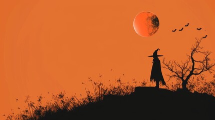 A simple graphic depicting a black and white silhouette of a witch standing on a hill under a blood-red moon. The witch is wearing a pointed hat and a long cloak, and her silhouette is framed against 