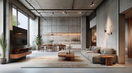 A modern industrial loft interior, soft natural light, concrete walls, hardwood floors, area rug, gray sectional sofa, wood coffee table, dining table with chairs, pendant lighting, potted plants