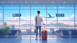 © Ren - A flat 2D illustration of a young man with a suitcase in an airport terminal. The cartoon-style character is standing on a platform with a relaxed and excited look. The background includes large windo