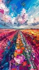 Wall Mural - flower field and pink clouds illustration poster background