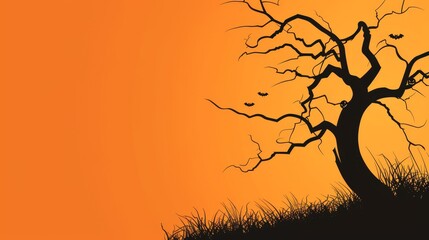 Wall Mural - A simple, yet evocative, silhouette of a bare tree against an orange sunset. Bats fly overhead, adding to the Halloween atmosphere. The image is perfect for spooky decorations, social media posts, and