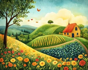 Colorful illustration of a sustainable agriculture scene with organic crops and green energy features