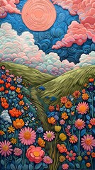 Wall Mural - flower field and pink clouds illustration poster background