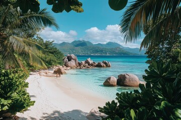 Poster - Tropical Beach with Palm Trees, Rocks, and Two People