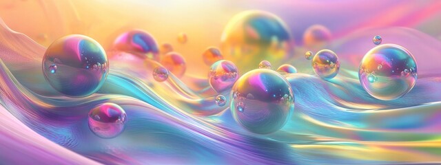 Wall Mural - Abstract Iridescent Bubbles on Colorful Liquid.