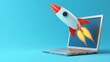 © Palung - Rocket coming out of laptop screen, blue background. AI digital illustration