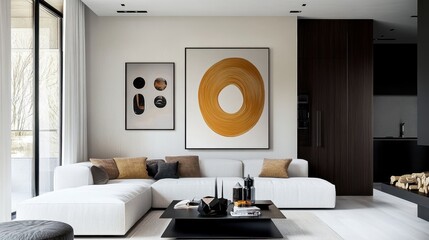 abstract painting with swirling shapes in brown and yellow hues, minimalist living room interior with white sectional sofa and dark wood accents, neutral color palette, modern black coffee table, fram