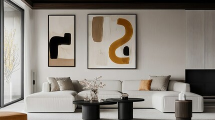 abstract painting with swirling shapes in brown and yellow hues, minimalist living room interior with white sectional sofa and dark wood accents, neutral color palette, modern black coffee table, fram