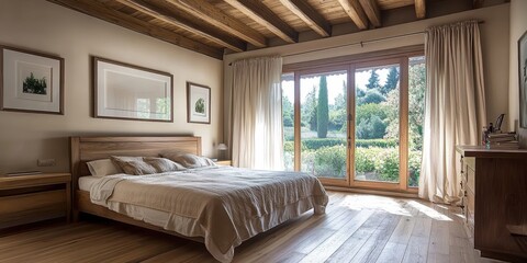 A spacious rustic bedroom with exposed wooden beams on the ceiling, large windows overlooking a lush garden, hardwood floors, a cozy bed with linen sheets, minimalist decor, earthy tones of beige and 