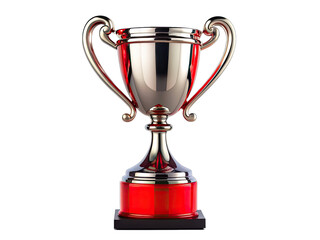 A silver and red champions trophy with ornate handles stands upright against a white background