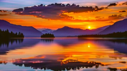 Fototapete - Stunning sunset over serene lake with silhouetted mountains and vibrant orange skies reflecting on calm water. Perfect nature scenery for tranquility.