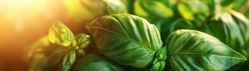 Close-up of fresh basil leaves in natural sunlight, fresh basil, vibrant organic cooking ingredient