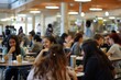 © Iftikhar alam - A group of people are seated at tables in a bustling restaurant during lunchtime, The bustling cafeteria during lunchtime, with students laughing and chatting at their tables